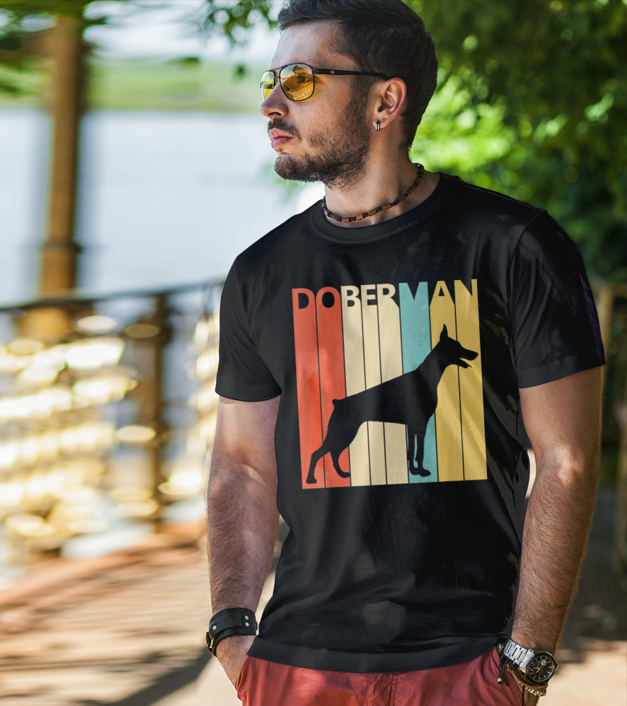 Doberman Vintage Silhouette Stripes For Dog Dad T-Shirt