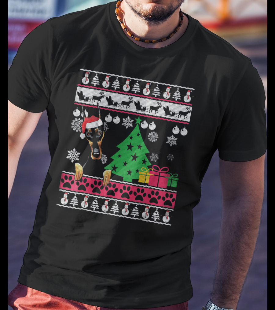 Doberman Christmas Sweater With Santa Hat And Festive Decorations T-Shirt