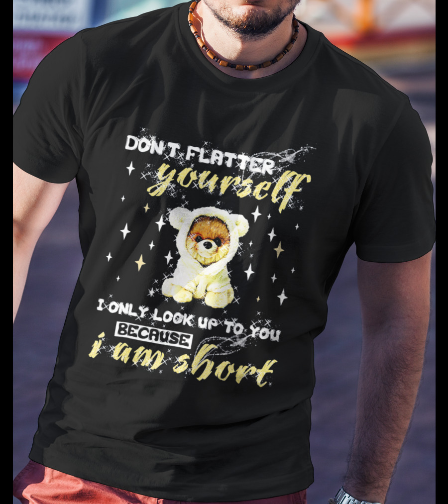 Don't Flatter Yourself I Only Look Up To You Because I Am Short Funny Pomeranian Dog T-Shirt