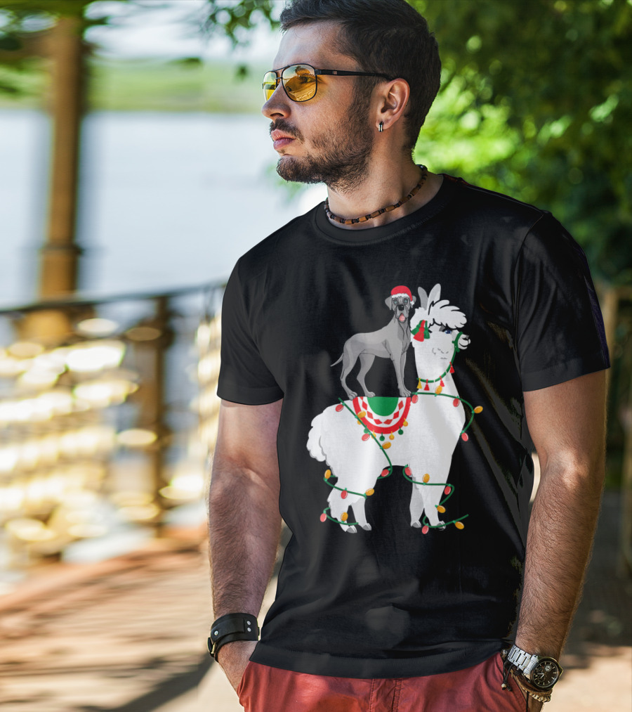 Fa La LLAMA Great Dane With Santa Hat On Llama Christmas Lights T-Shirt