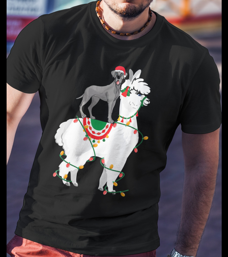 Fa La LLAMA Great Dane With Santa Hat On Llama Christmas Lights T-Shirt