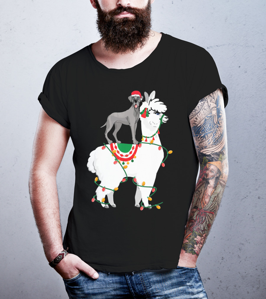 Fa La LLAMA Great Dane With Santa Hat On Llama Christmas Lights T-Shirt