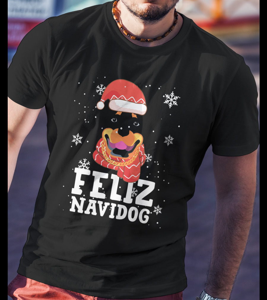 Feliz Navidog Rottweiler Christmas Santa Hat Snowflakes Ugly Sweaters T-Shirt