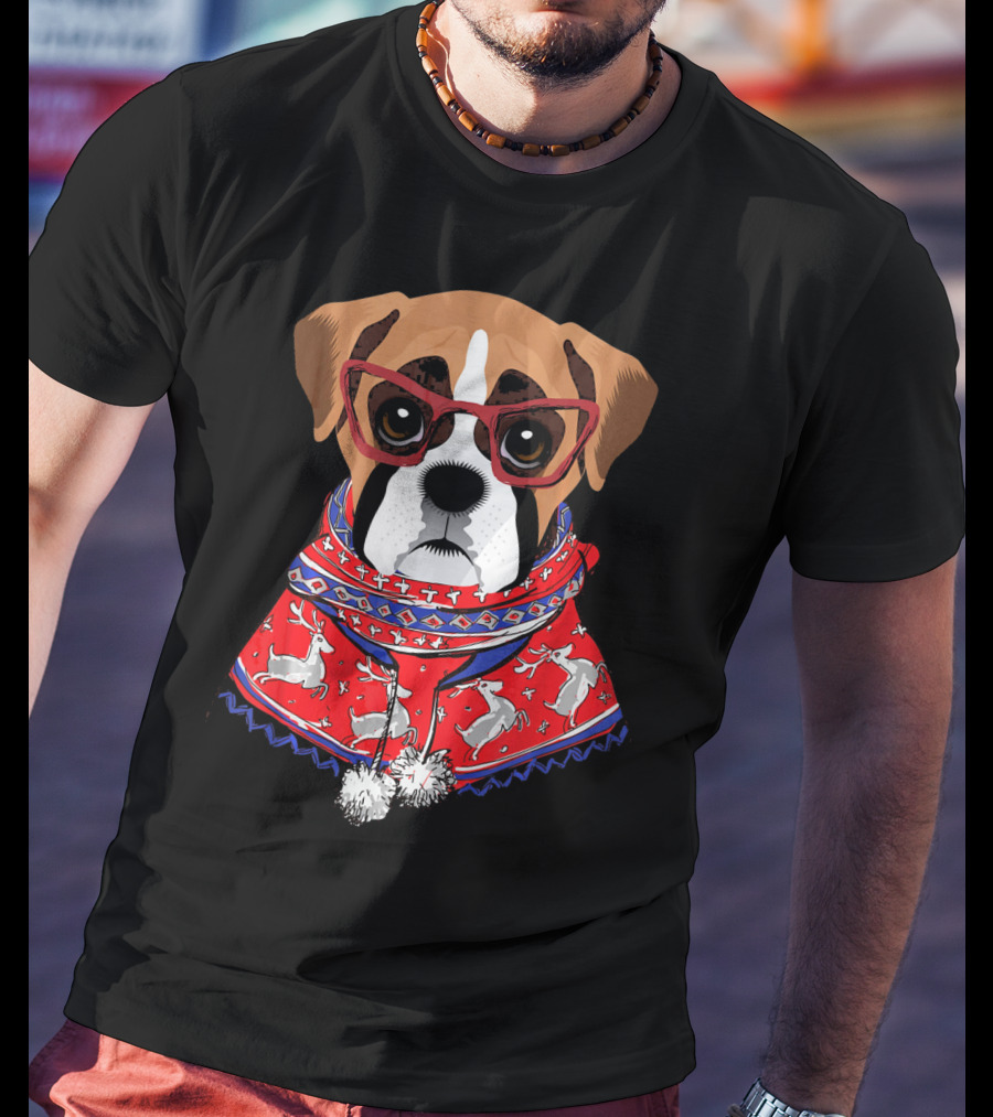 Funny Boxer Dog With Glasses In Christmas Scarf Holiday Look T-Shirt