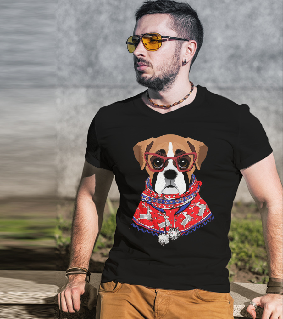 Funny Boxer Dog With Glasses In Christmas Scarf Holiday Look T-Shirt