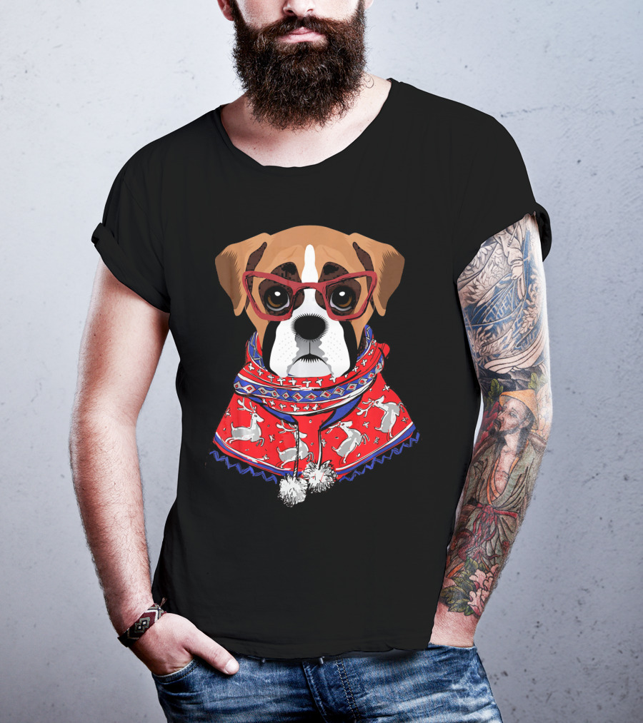 Funny Boxer Dog With Glasses In Christmas Scarf Holiday Look T-Shirt