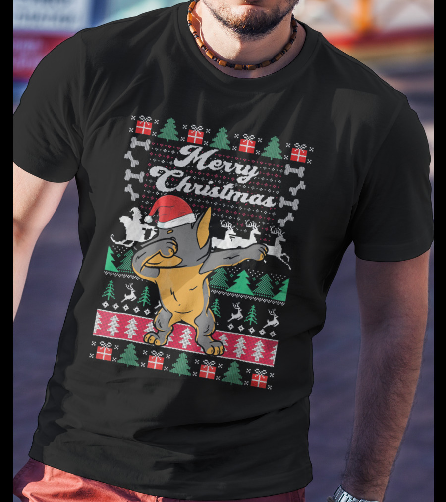 Merry Christmas Doberman Dabbing In Santa Hat With Holiday Symbols T-Shirt