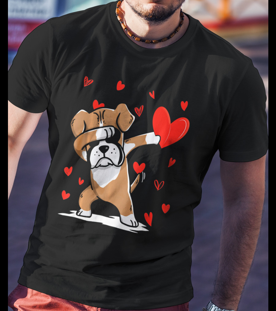 Dabbing Boxer Dog Holding Heart With Valentines Day T-Shirt