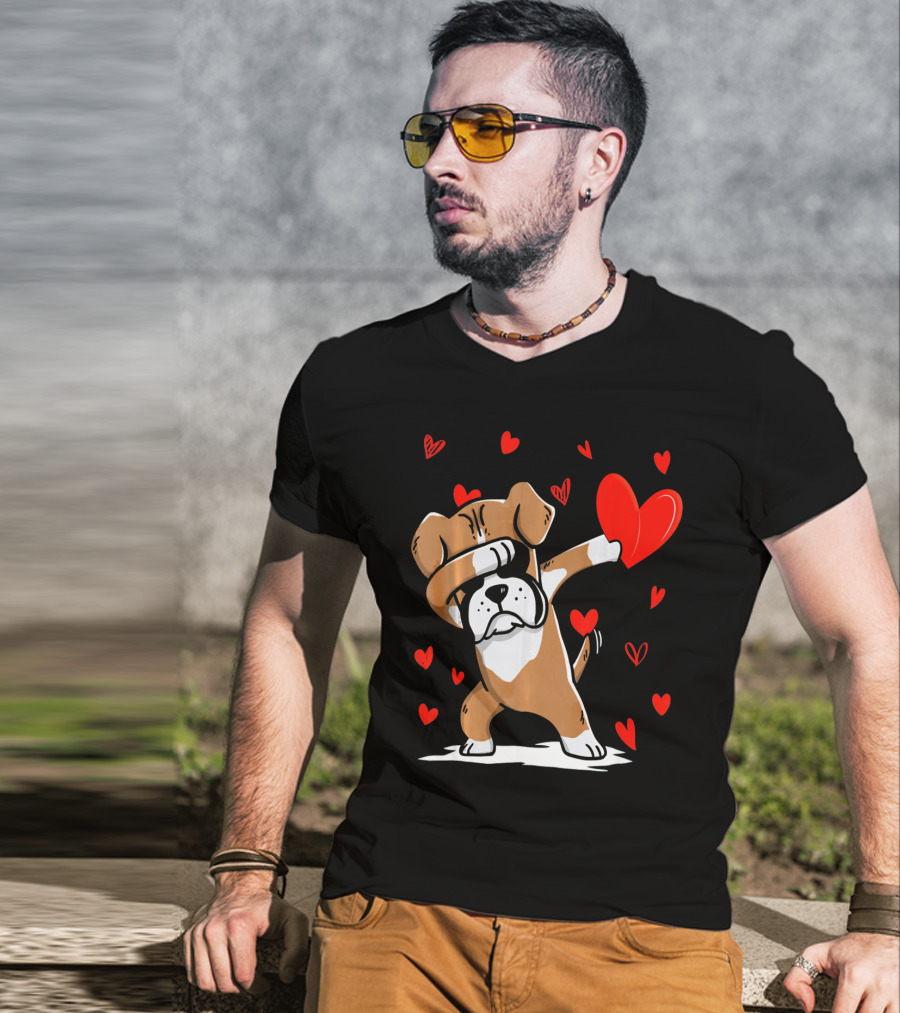 Dabbing Boxer Dog Holding Heart With Valentines Day T-Shirt