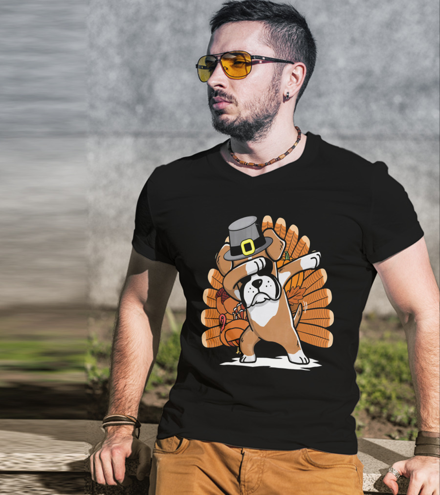 Thanksgiving Dabbing Boxer Dog Pilgrim Hat Turkey T-Shirt