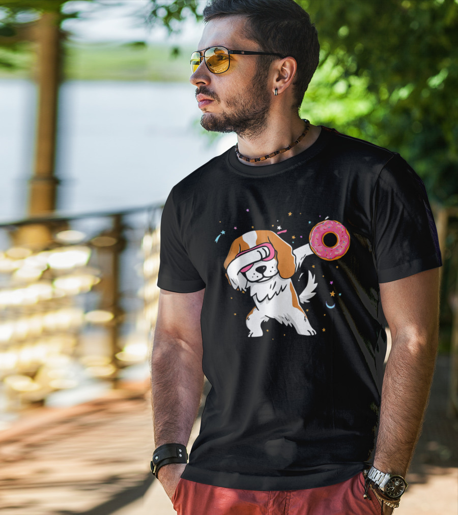 Funny Dabbing Cavalier King Charles Spaniel With Pink Frosted Donut T-Shirt