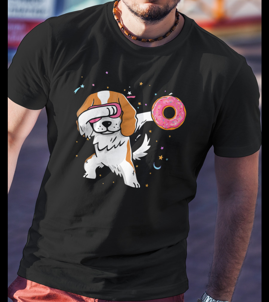 Funny Dabbing Cavalier King Charles Spaniel With Pink Frosted Donut T-Shirt
