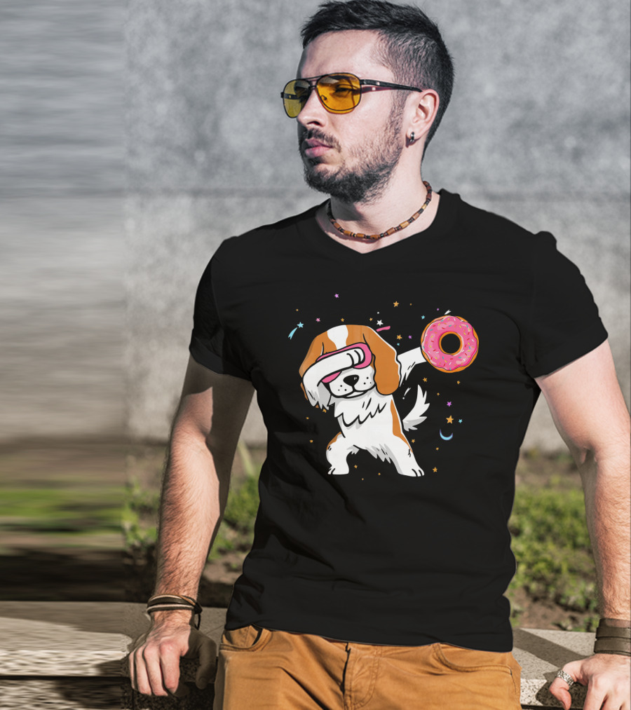 Funny Dabbing Cavalier King Charles Spaniel With Pink Frosted Donut T-Shirt