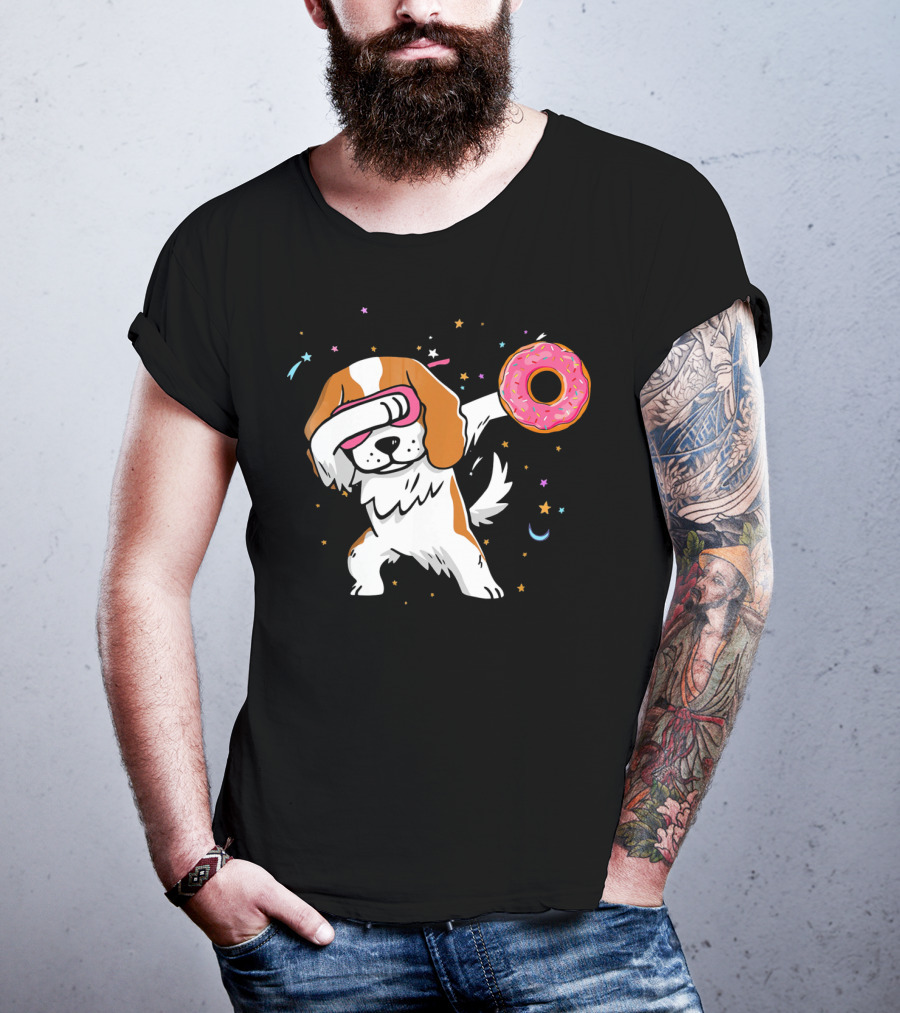 Funny Dabbing Cavalier King Charles Spaniel With Pink Frosted Donut T-Shirt
