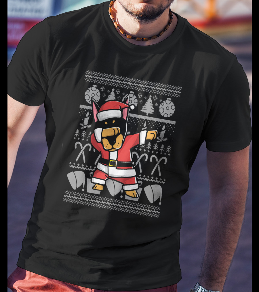Funny Doberman Dabbing Santa Dog Christmas T-Shirt