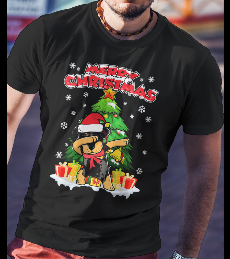 Merry Christmas Dabbing Rottweiler With Santa Hat And Gifts T-Shirt