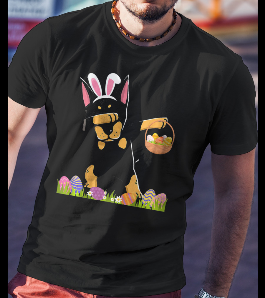 Doberman Dabbing With Bunny Ears And Easter Basket Of Eggs T-Shirt