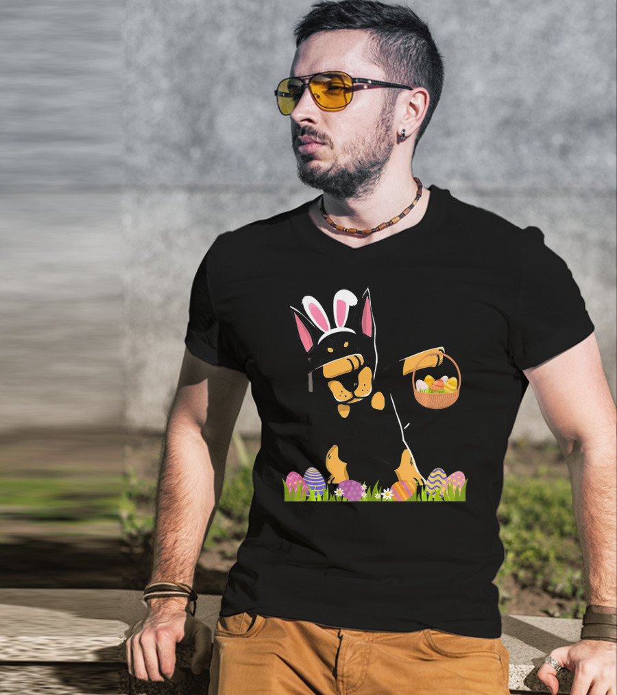Doberman Dabbing With Bunny Ears And Easter Basket Of Eggs T-Shirt