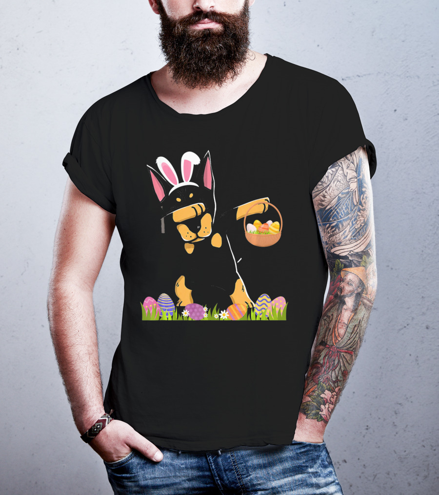 Doberman Dabbing With Bunny Ears And Easter Basket Of Eggs T-Shirt