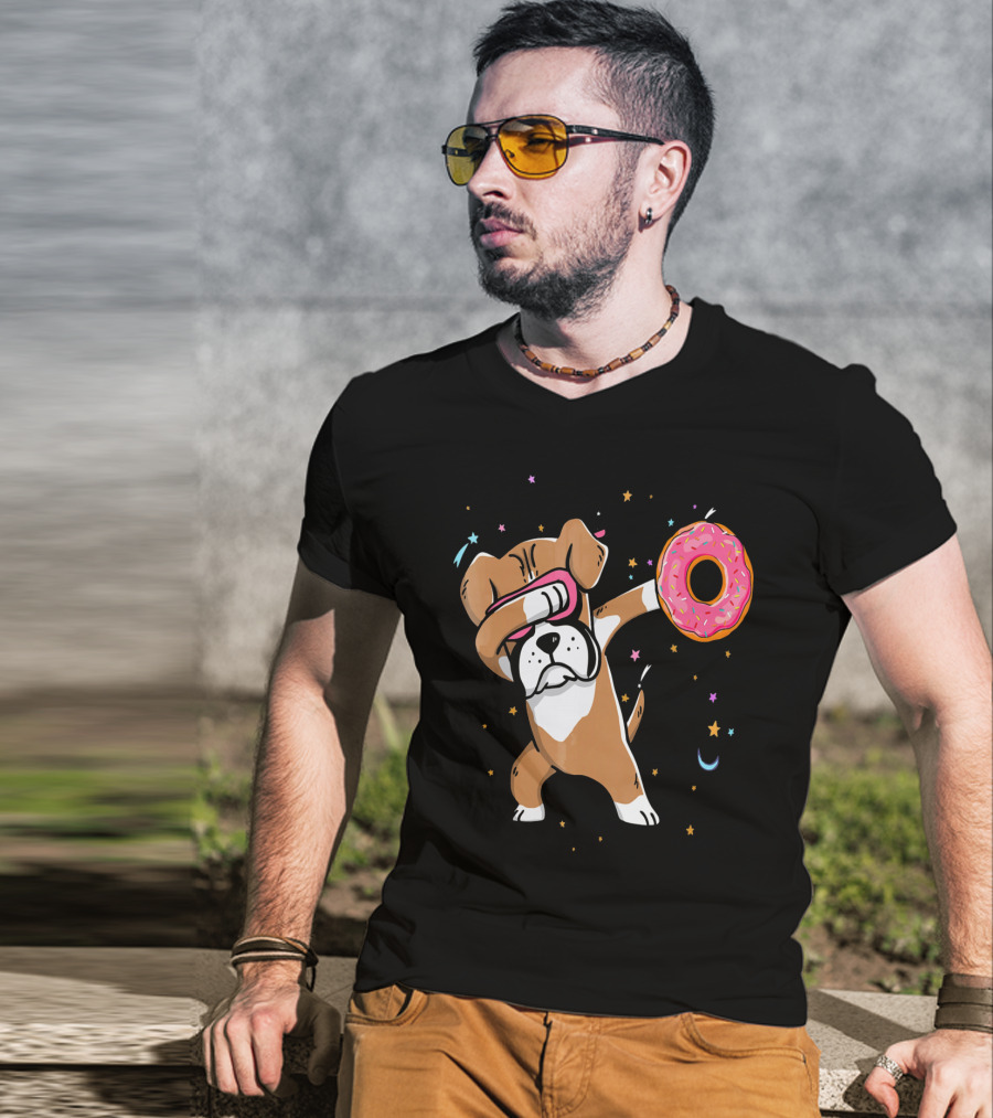 Funny Donut Day Dabbing Boxer With Sprinkled Donut In Stars And Moon T-Shirt