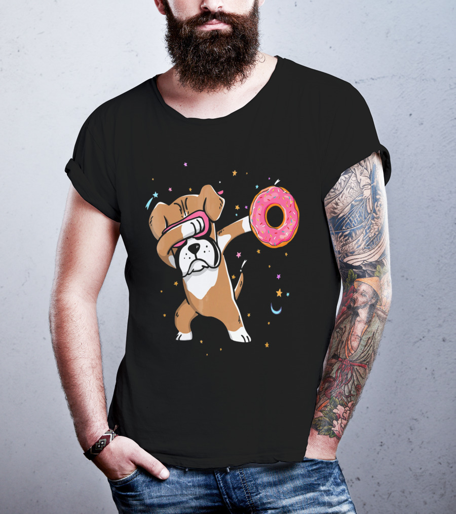 Funny Donut Day Dabbing Boxer With Sprinkled Donut In Stars And Moon T-Shirt