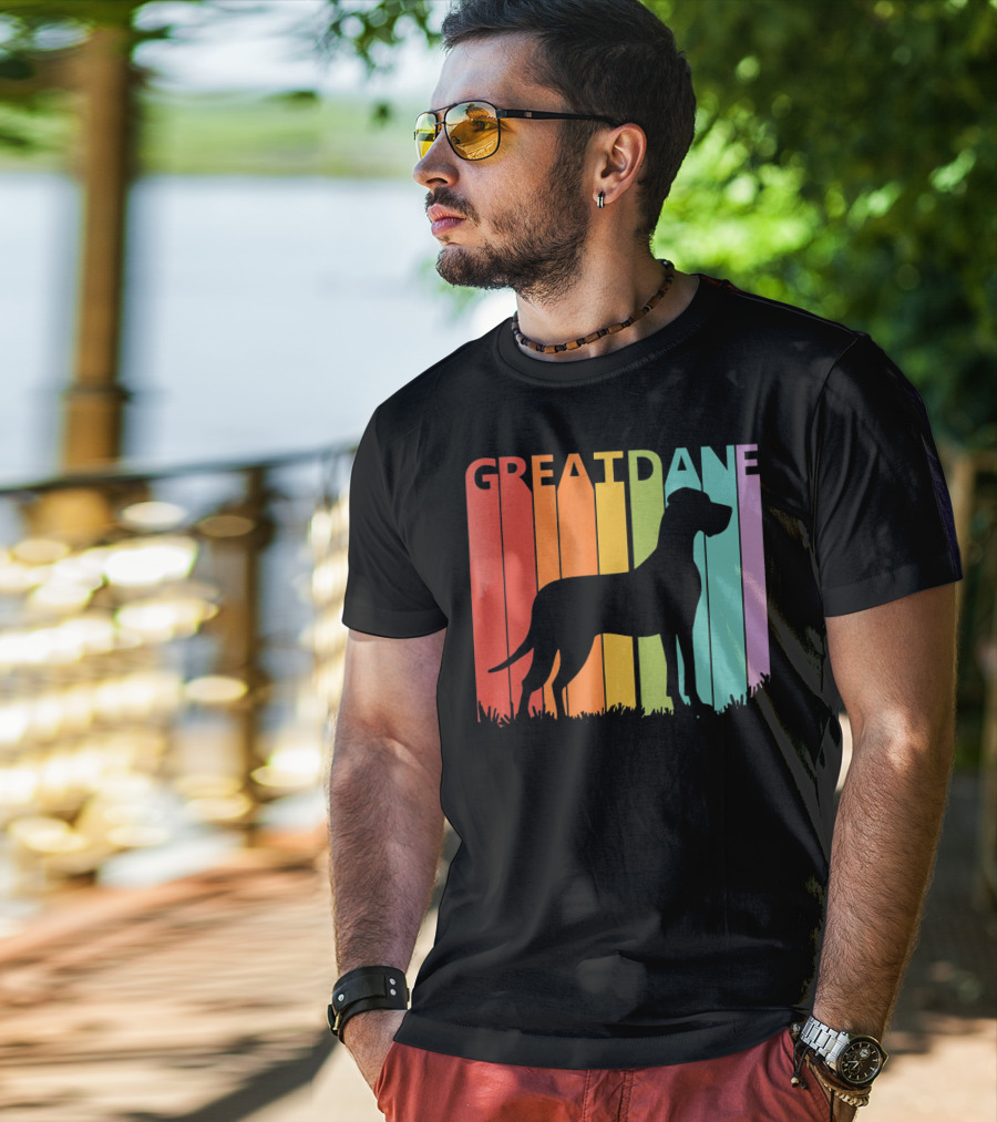 Great Dane Dog Silhouette Retro Rainbow Stripes T-Shirt