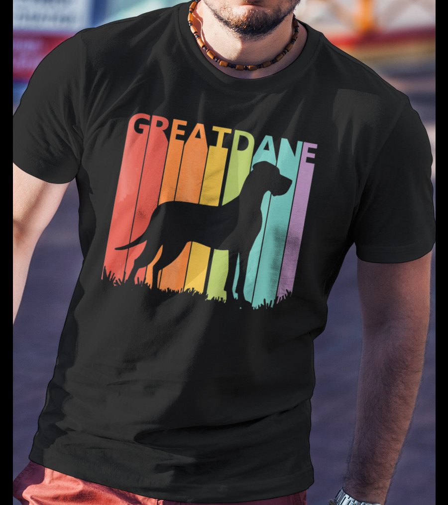 Great Dane Dog Silhouette Retro Rainbow Stripes T-Shirt