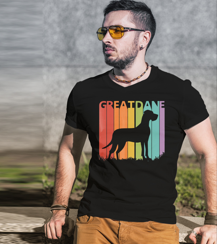 Great Dane Dog Silhouette Retro Rainbow Stripes T-Shirt
