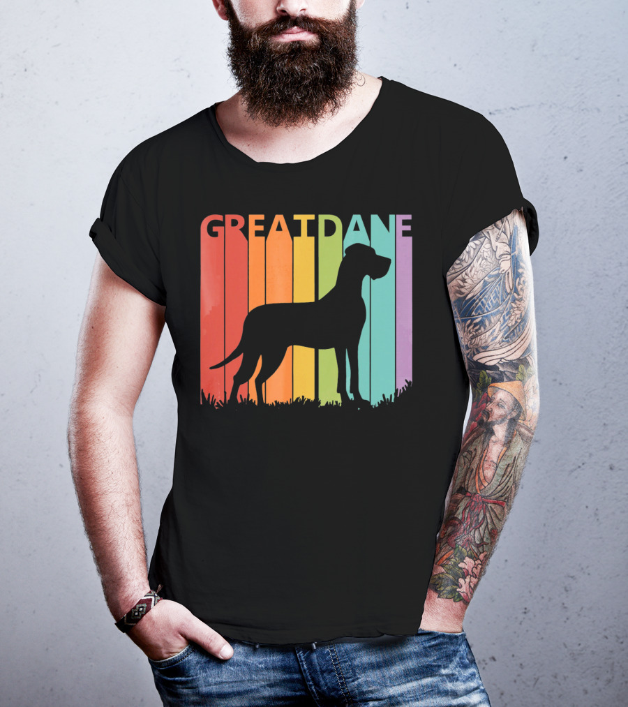 Great Dane Dog Silhouette Retro Rainbow Stripes T-Shirt