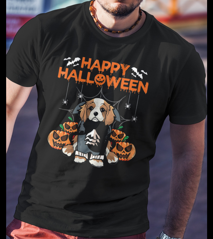 Happy Halloween Vampire Cavalier Dog Surrounded By Pumpkins And Bats T-Shirt