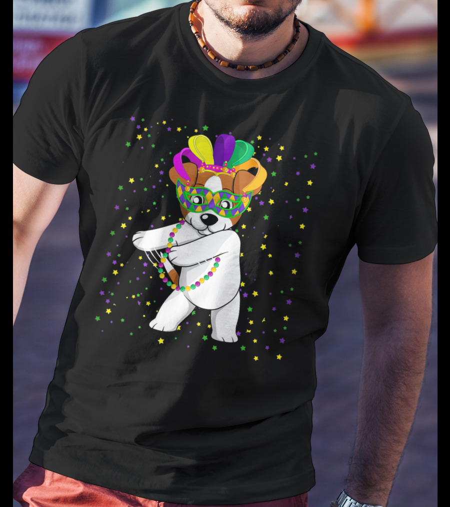 Jack Russell Flossing Jester Hat Mardi Gras Beads Dog T-Shirt
