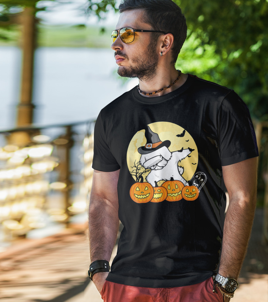 Funny Halloween Maltese Dog With Pumpkins And Witch Hat T-Shirt