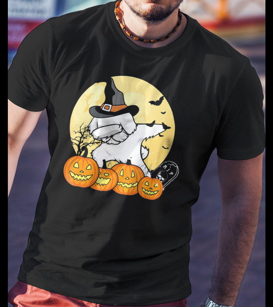 Funny Halloween Maltese Dog With Pumpkins And Witch Hat T-Shirt