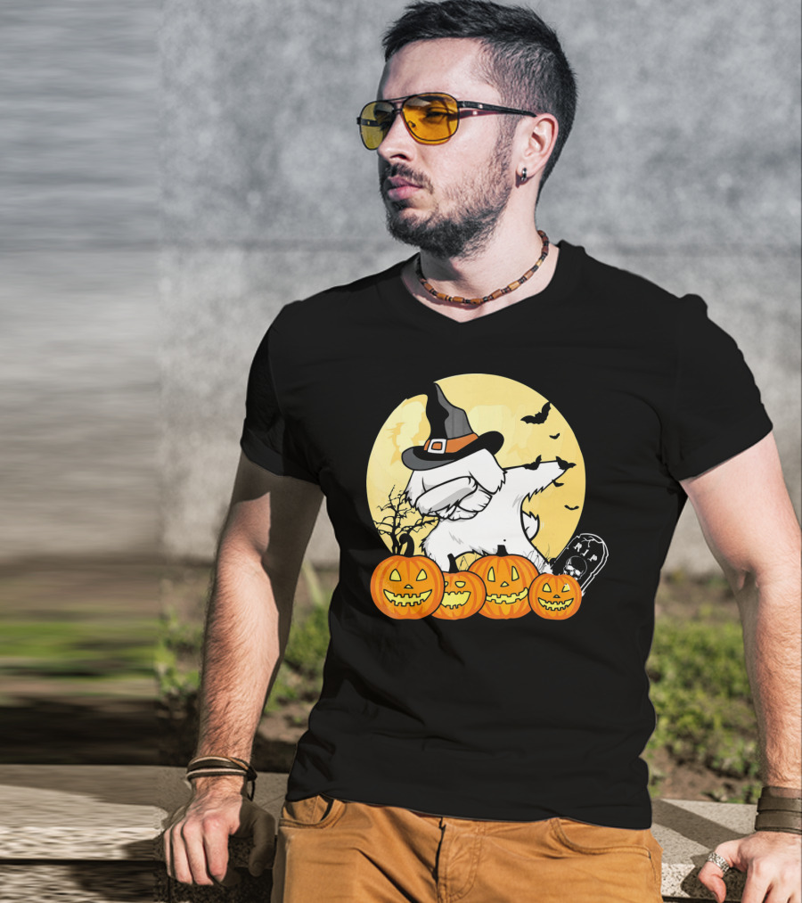 Funny Halloween Maltese Dog With Pumpkins And Witch Hat T-Shirt
