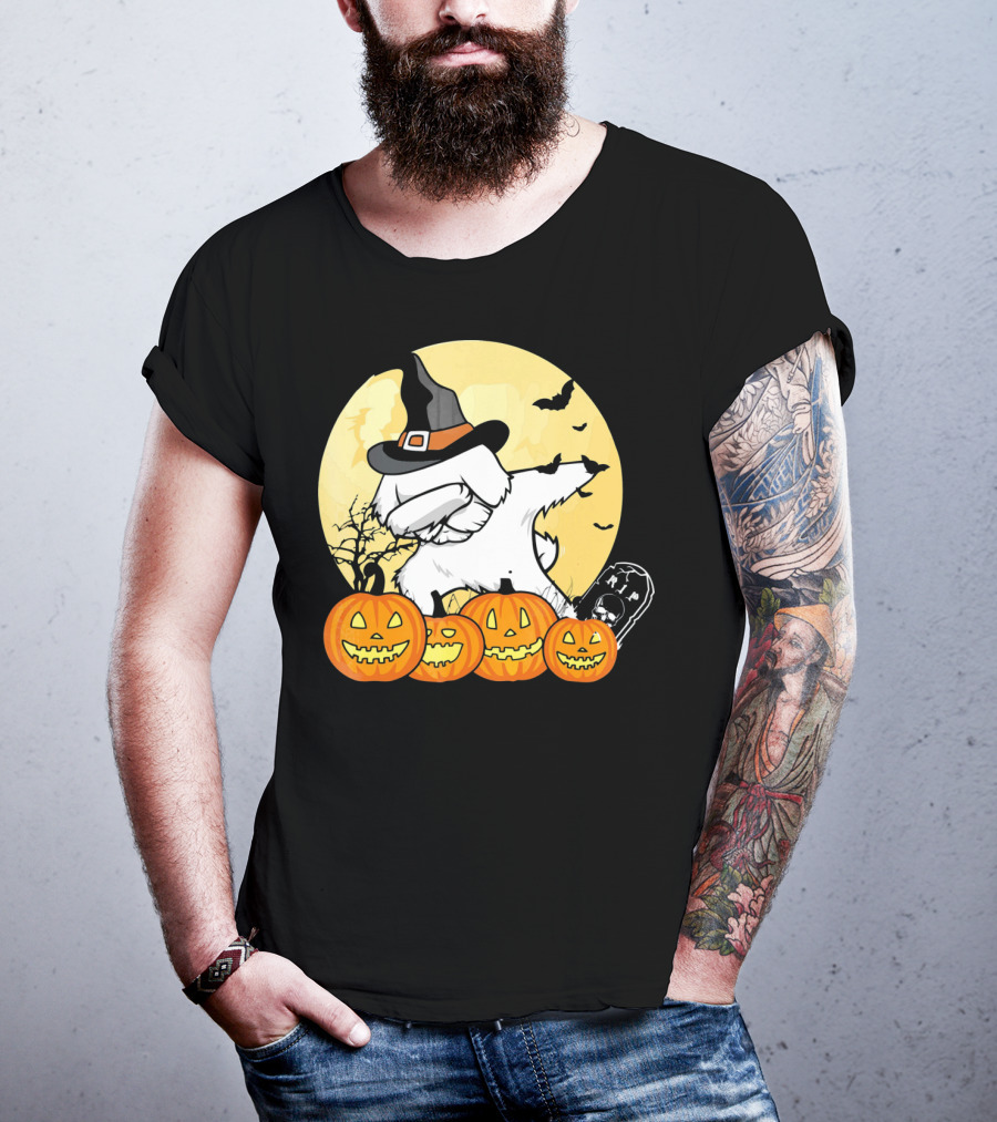 Funny Halloween Maltese Dog With Pumpkins And Witch Hat T-Shirt