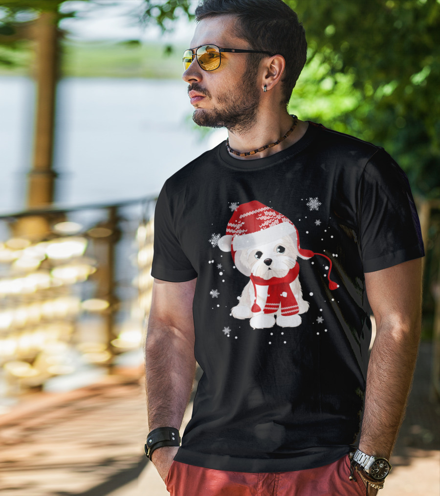 Funny Maltese Santa Hat Scarf Ugly Snowflakes T-Shirt