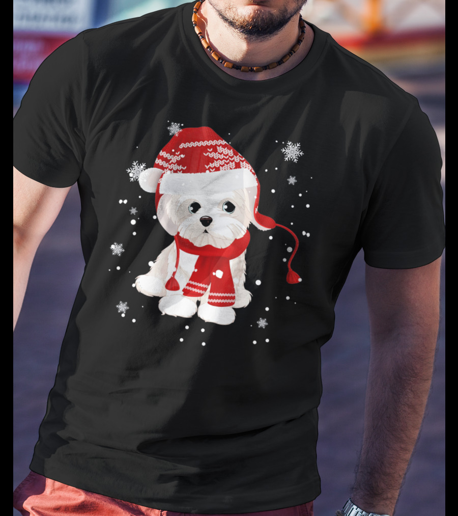Funny Maltese Santa Hat Scarf Ugly Snowflakes T-Shirt