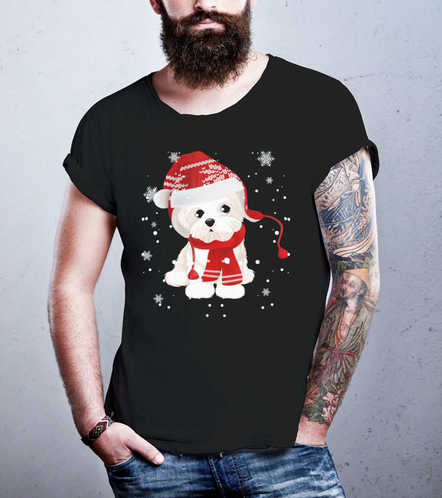 Funny Maltese Santa Hat Scarf Ugly Snowflakes T-Shirt