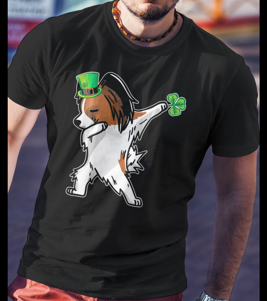 Papillon Dab Dabbing Dance With Shamrock And Leprechaun Hat T-Shirt
