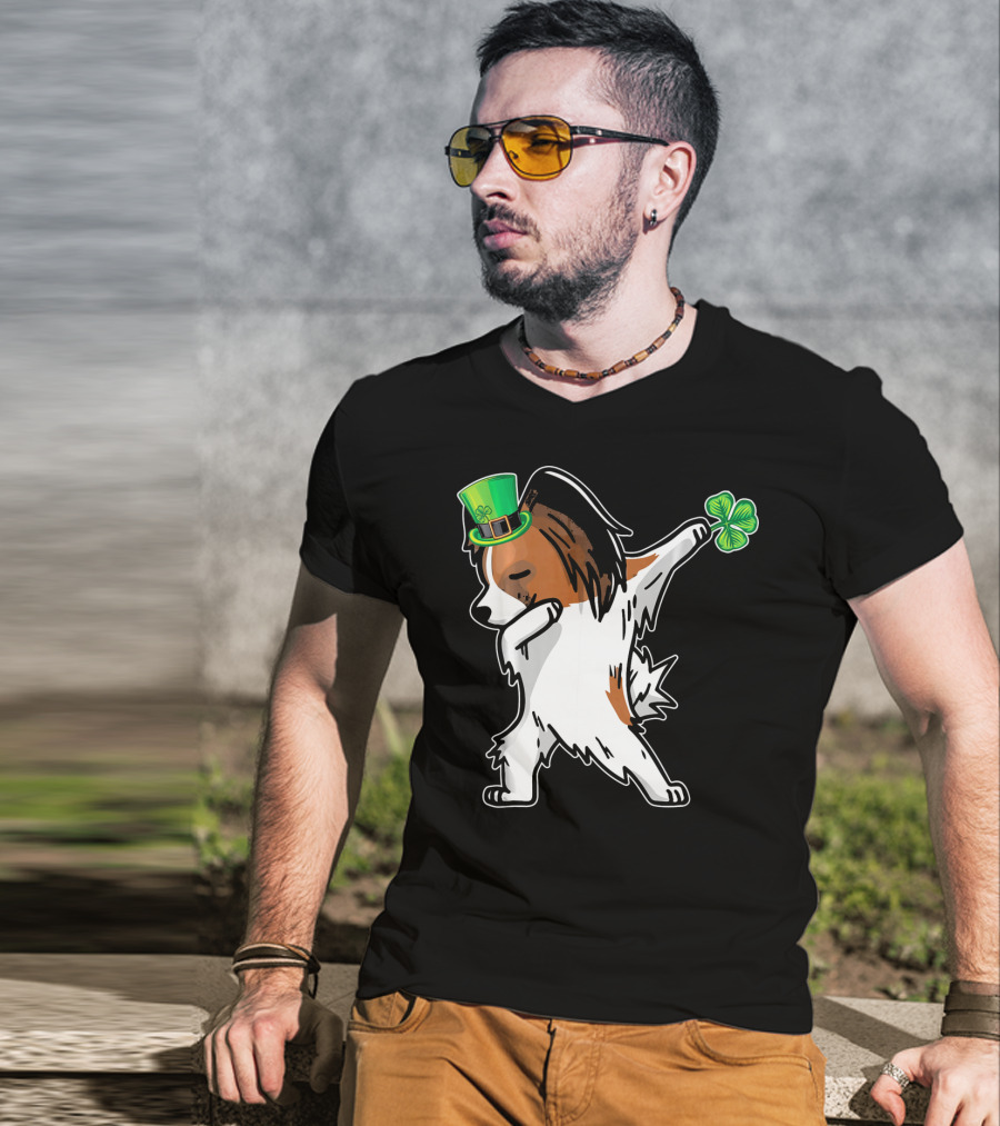 Papillon Dab Dabbing Dance With Shamrock And Leprechaun Hat T-Shirt