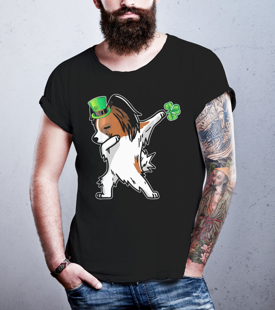 Papillon Dab Dabbing Dance With Shamrock And Leprechaun Hat T-Shirt