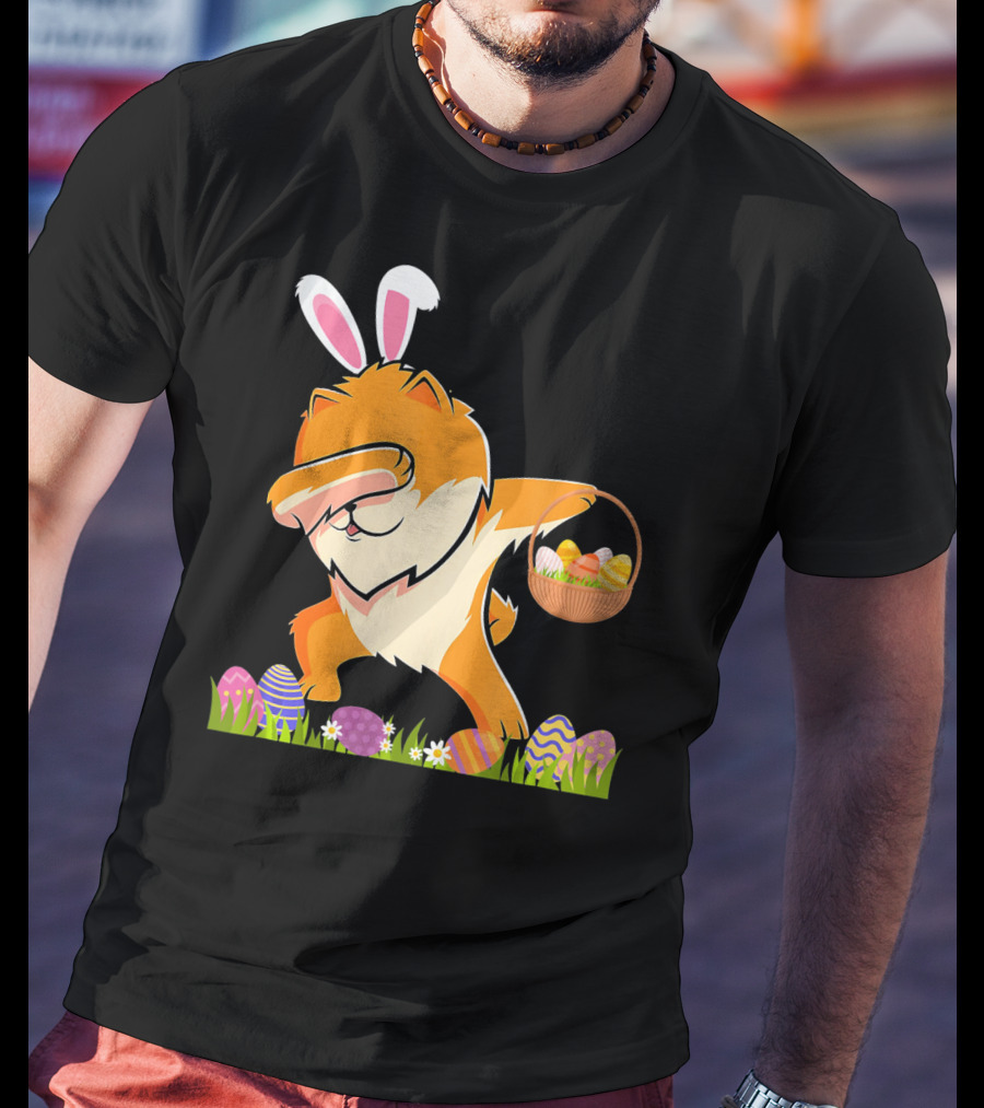 Funny Pomeranian Dabbing Easter Bunny With Eggs And Basket T-Shirt