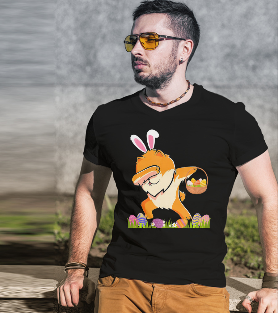 Funny Pomeranian Dabbing Easter Bunny With Eggs And Basket T-Shirt