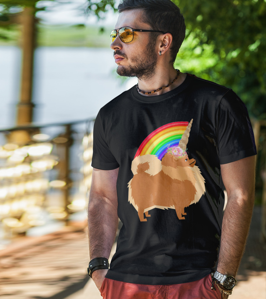 Pomeranian Rainbow Unicorn Dog With Floral Horn And Doodle Elements T-Shirt