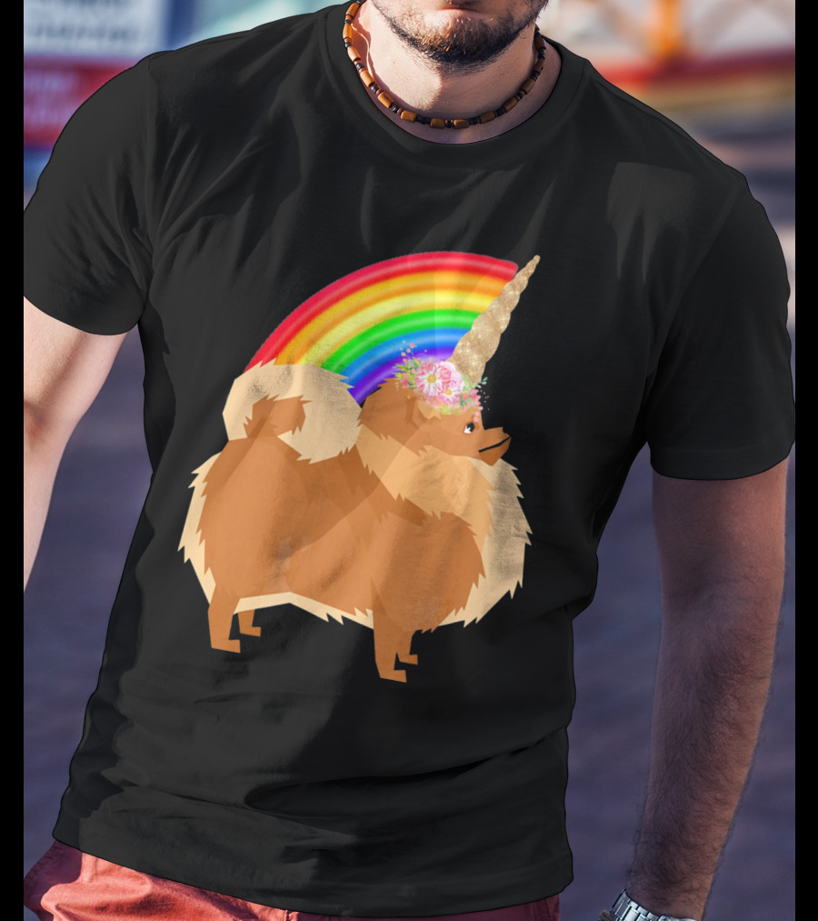 Pomeranian Rainbow Unicorn Dog With Floral Horn And Doodle Elements T-Shirt