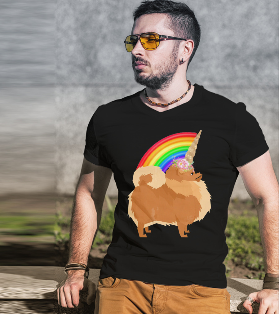 Pomeranian Rainbow Unicorn Dog With Floral Horn And Doodle Elements T-Shirt