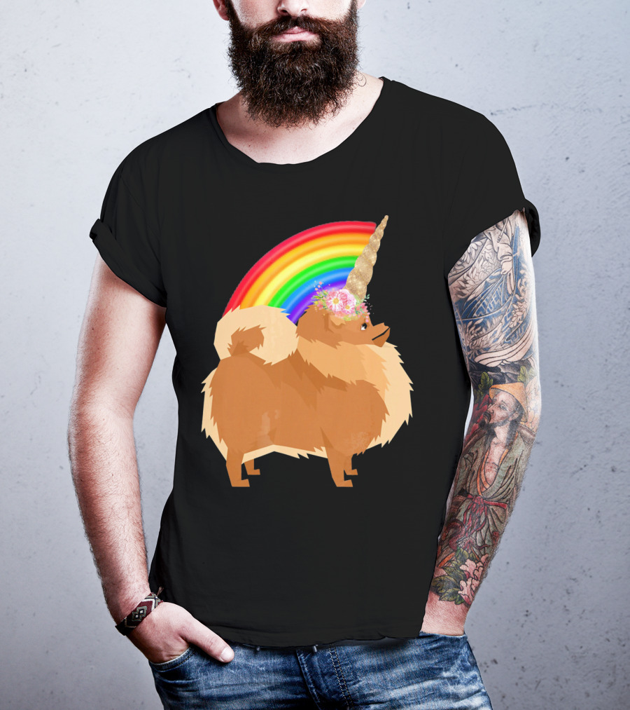 Pomeranian Rainbow Unicorn Dog With Floral Horn And Doodle Elements T-Shirt