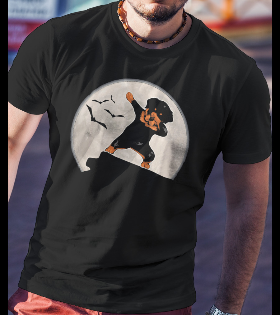 Funny Rottweiler Dabbing Dog Halloween Costume With Moon And Bats T-Shirt
