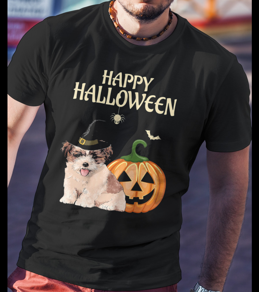 Happy Halloween Shih Tzu With Pumpkin And Witch Hat T-Shirt