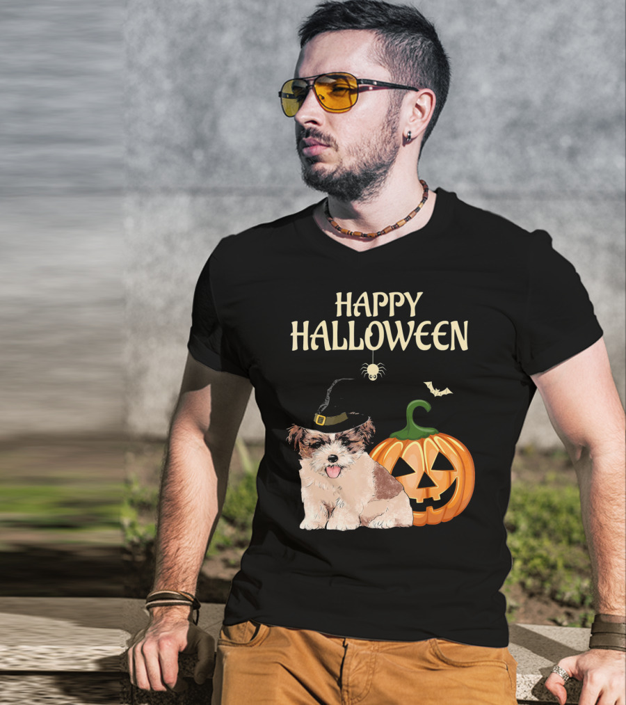 Happy Halloween Shih Tzu With Pumpkin And Witch Hat T-Shirt
